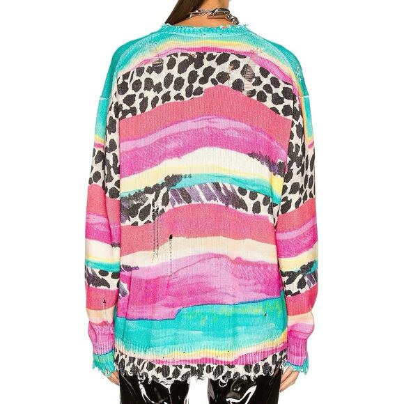 R13 Women's XS Distressed Edge Oversized Cardigan Rainbow Multi Stripe Leopard - Picture 2 of 13